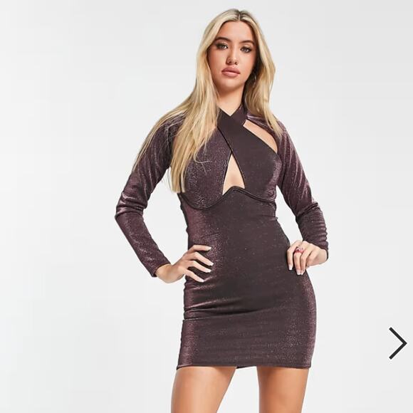 ASOS ASYOU Halter Wrap Front Mini Dress Sparkly Purple - Picture 1 of 11